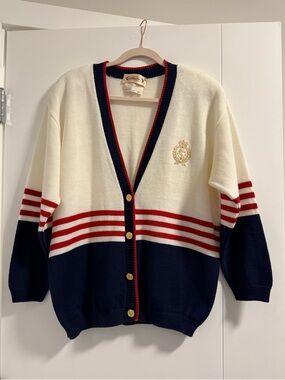 Vintage Nautical cardigan sweater anchor Navy blue red white gold large Canada